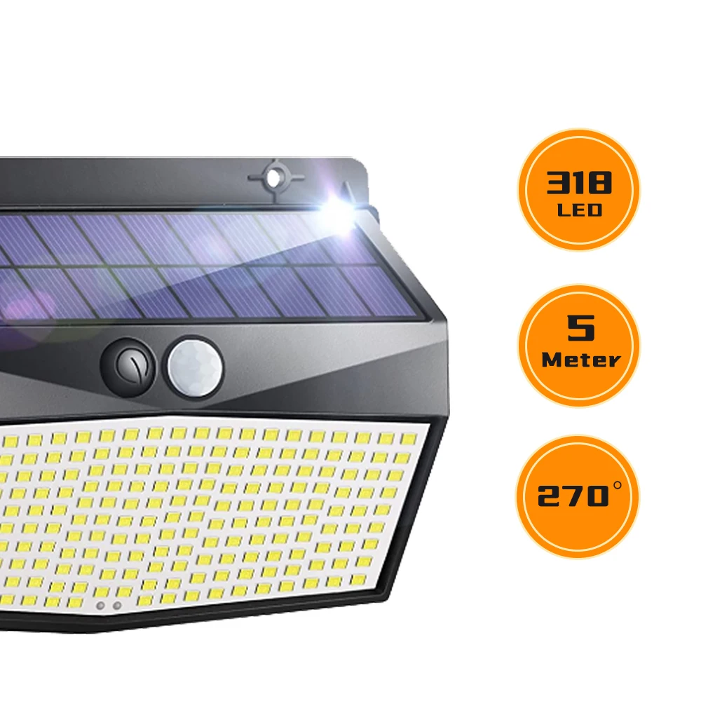 3 Mode Waterproof 318 LED Solar Motion Sensor Lights Outdoor Sunlight Solar Powered Street Wall Lamp for Garden Decoration