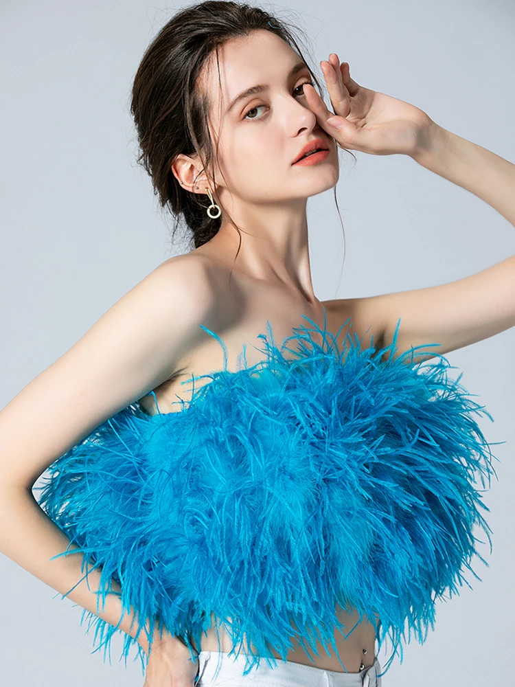 Summer Sexy Furry Top Woman Ostrich Feather Vest Fur Coat Female Natural Feather Pink Backless Tops 2022 Ladies Party Tube Tops 2022 spring summer sexy tube tank tops women solid backless strapless sleeveless tanks female causal slim slash neck corset top