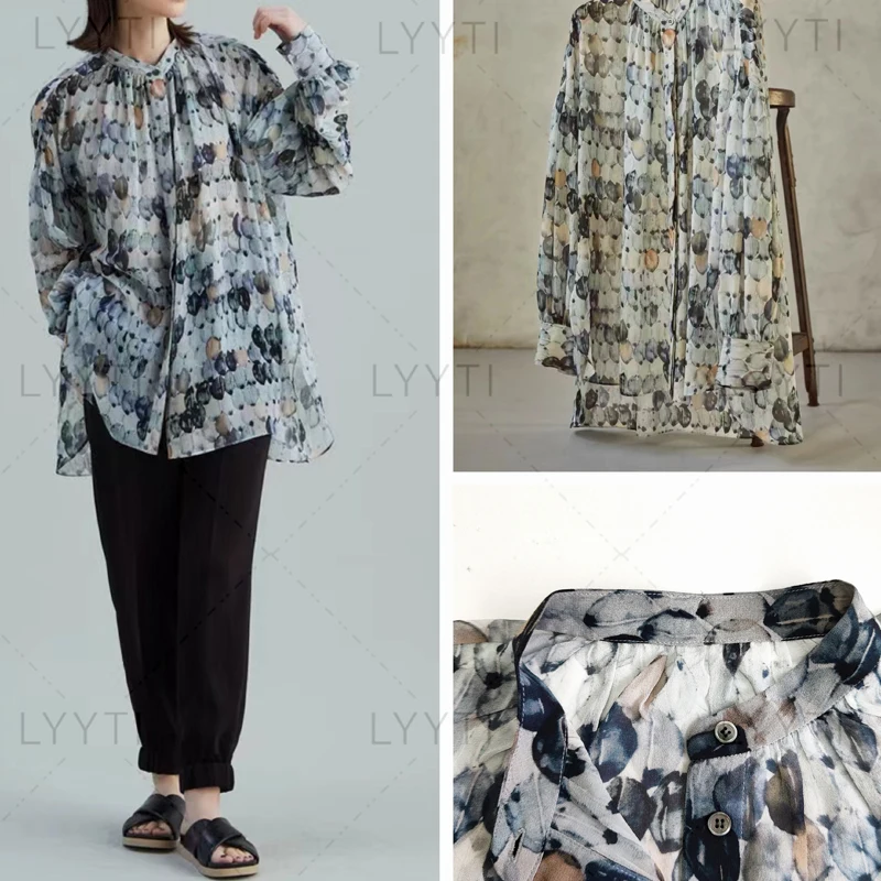 

Рубашка женская из шелка тутового шелкопряда, Новинка весна-лето 2023, рубашки с длинным рукавом из тутового шелкопряда с принтом, женская тонкая одежда