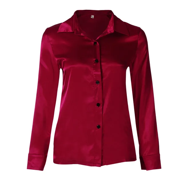 Women Spring And Autumn Vintage Satin Shirt Turn-down Collar Long Sleeve Button Pure Color Silky Tops 5