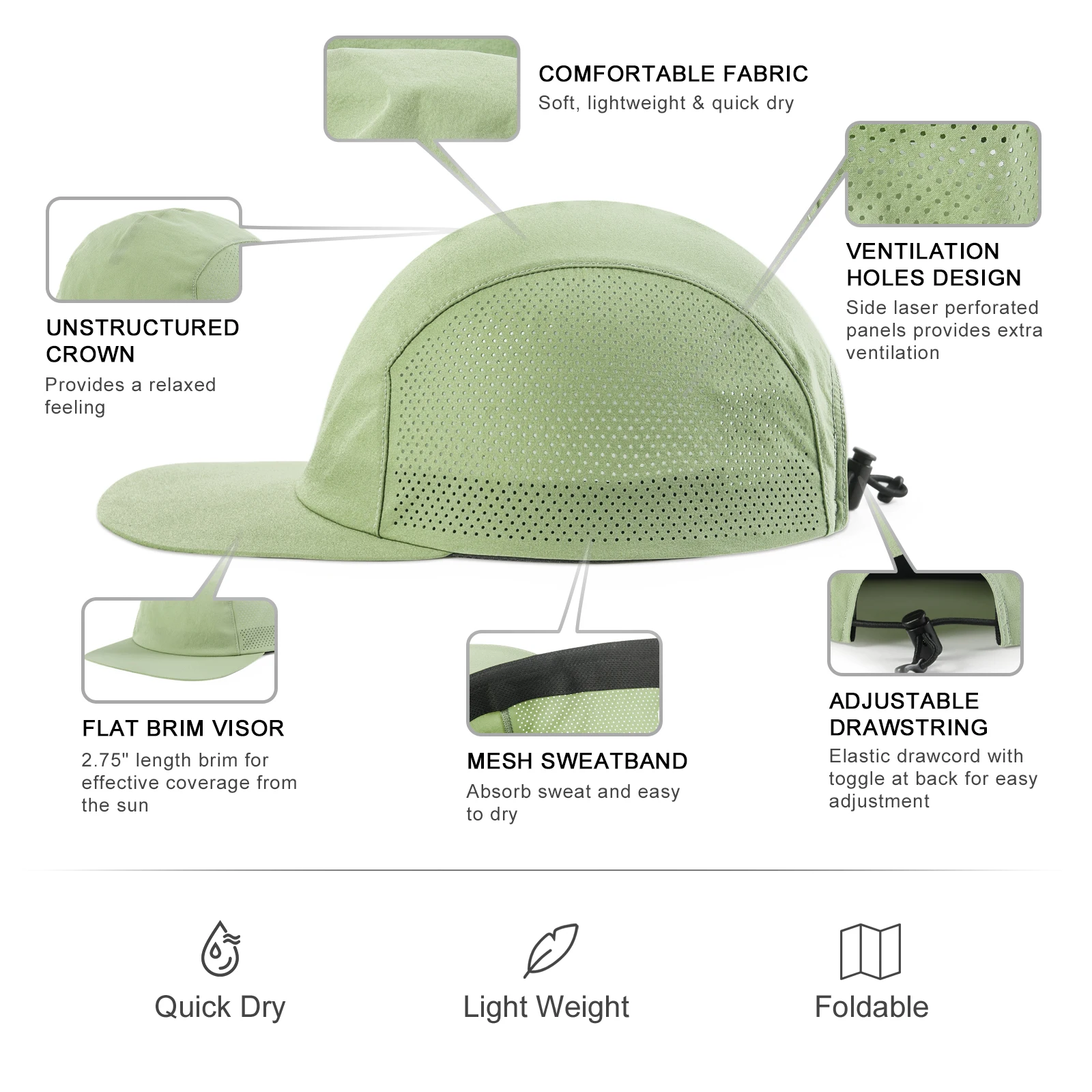 VOBOOM Unstructured Baseball Cap Flat Brim Sports Cap Quick Dry Outdoor Cap for Men and Women