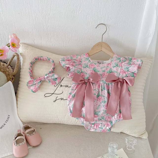 [Free Headband] Baby Romper Sweet Flower Jumpsuit Sweet Princess Baby Clothes 0-24 Months 1