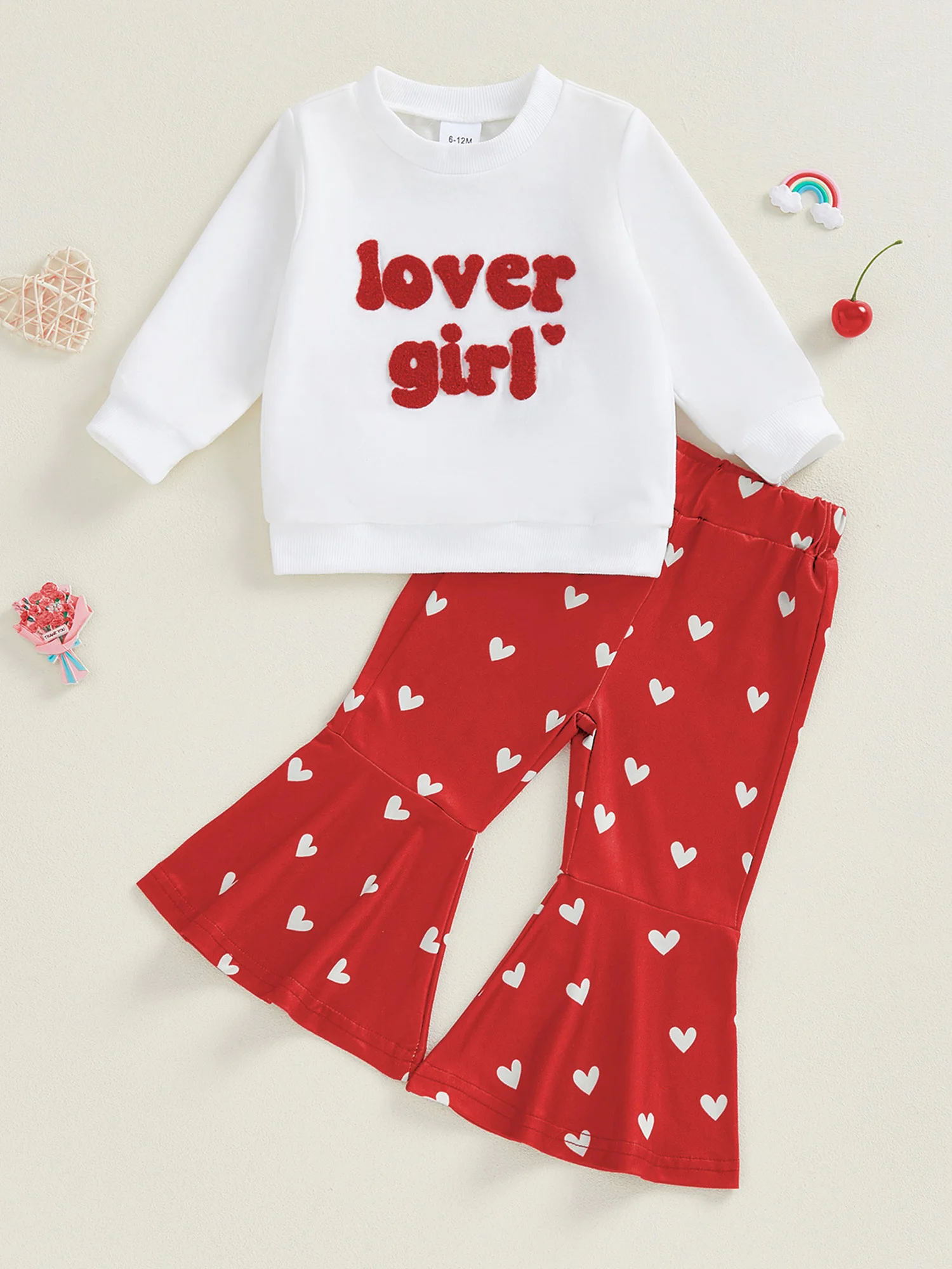 Girls Valentine s Day Outfit Heart Print Hoodie with Flare Pants Set for Kids Long Sleeve Letters Print Clothing