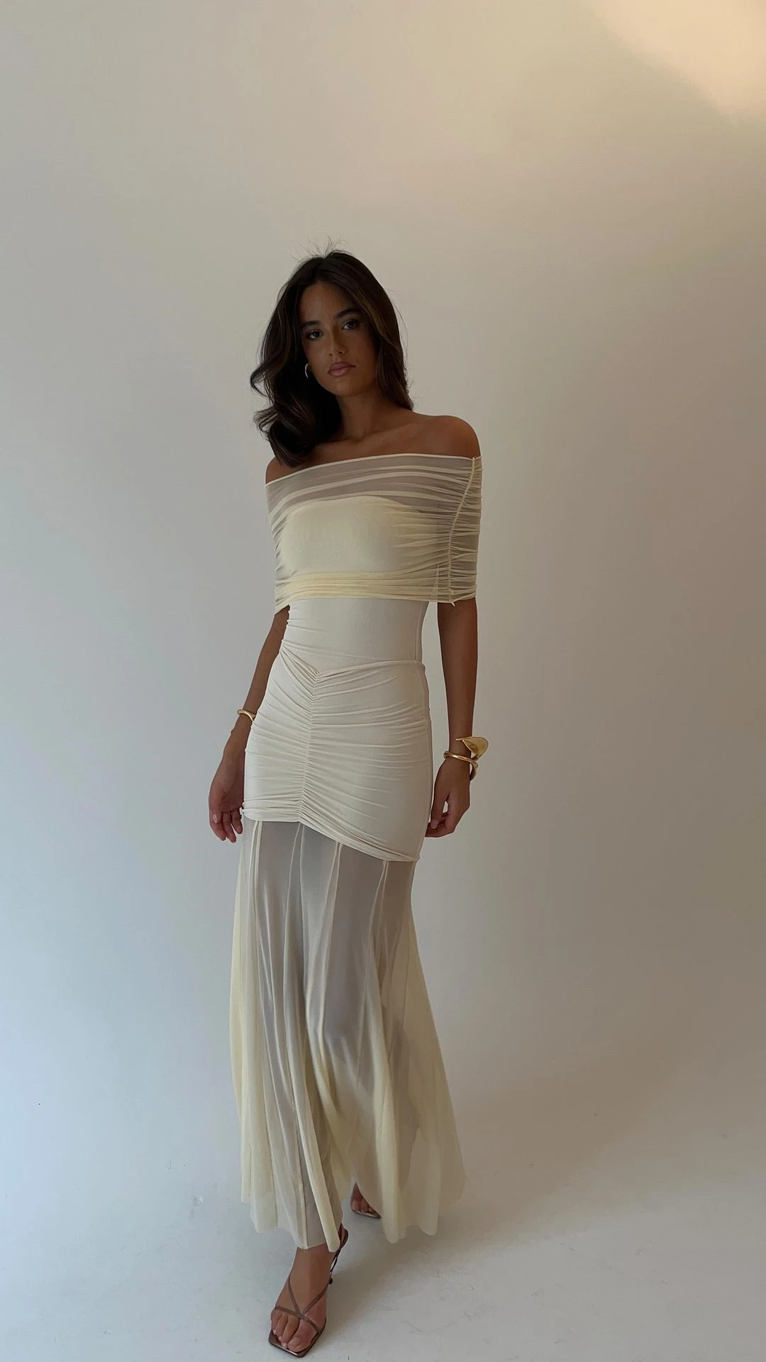 Autumn Mesh 2 Piece-Set Long Dress Women Off-Shoulder Pleated Elegant Bandeau Dress See-Through Female Maxi Dress Outfits