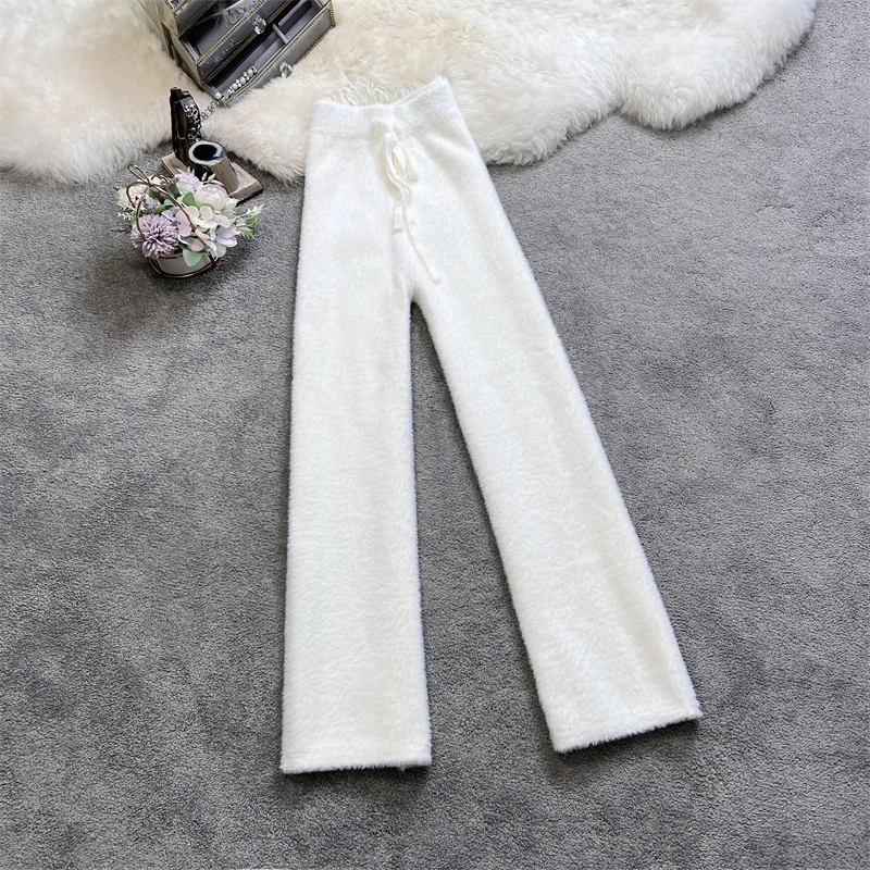 

Женские вязаные брюки, теплые толстые брюки для зимы, широкие брюки со светодиодной подсветкой, норковые бархатные Однотонные эластичные прямые брюки на шнуровке с высокой талией