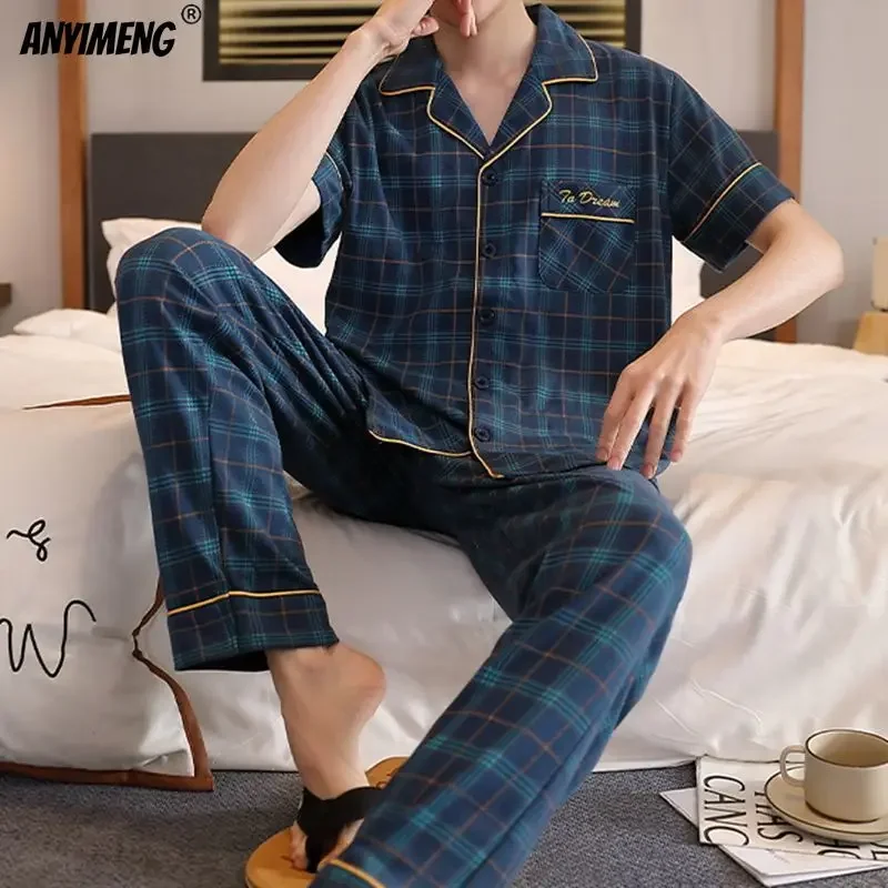 Pajama sets L-5XL Plus Size Mens Sleepwear Summer Short Sleeves Turn-down Collar Pajamas Set Gentleman Homewear Casual Cotton Pijamas