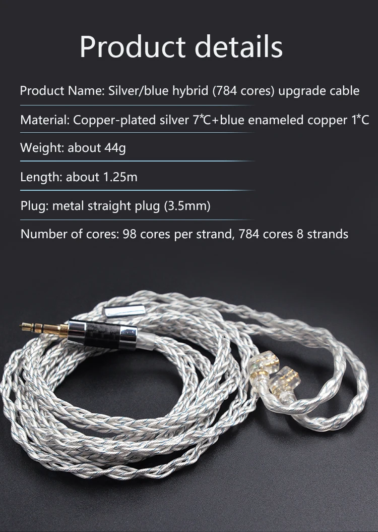 KZ Earphones Cable 8 Core Silver Blue Hybrid 784 Cores Silver Plated Upgrade Cable 2Pin 3.5mm Plug Heaset Wire KZ ZSXPRO ZS10PRO