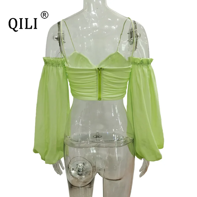 QILI-Off Shoulder Chiffon Top for Women, Long Sleeve Blouse, Suspender Short, Summer, New