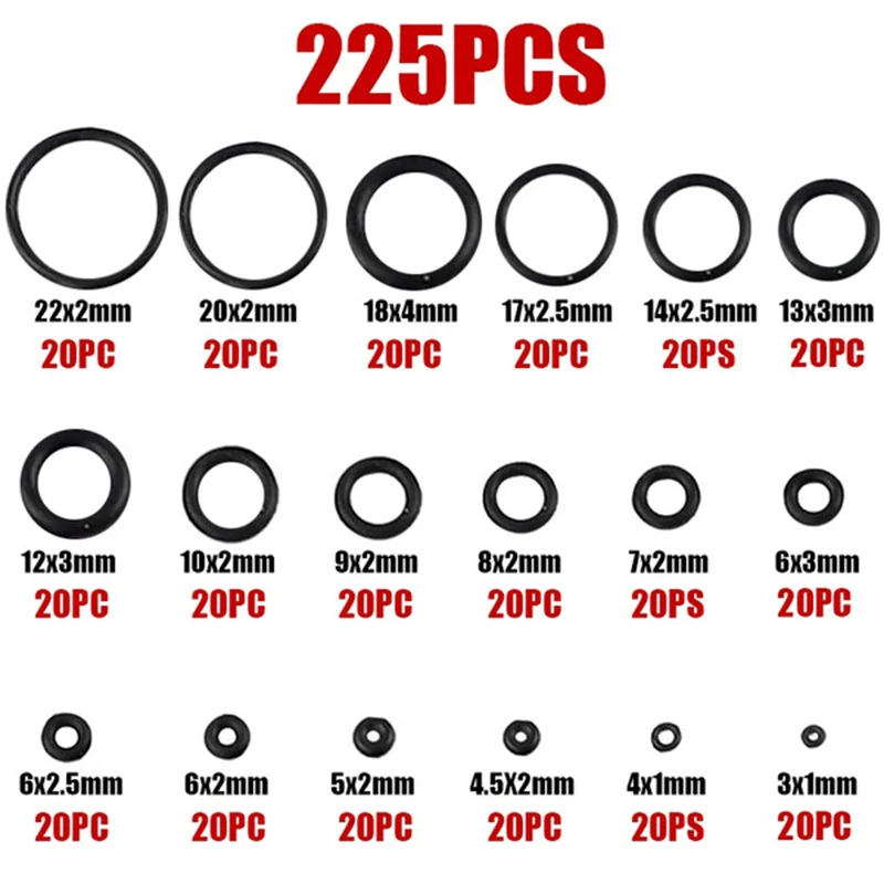 Rubber O Rings 225PCS Oil Resistance Washer Gasket Seals Watertightness Assortment Different Size With Plastic Box Kit Set