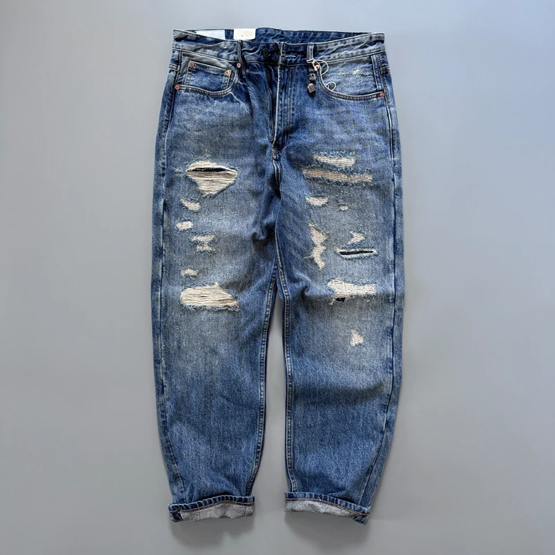 14oz High Quality Ripped Hole Washed Denim Jeans for Men Spring Autumn Winter Thick Tapered Straight Pants Handsome Cityboys 502
