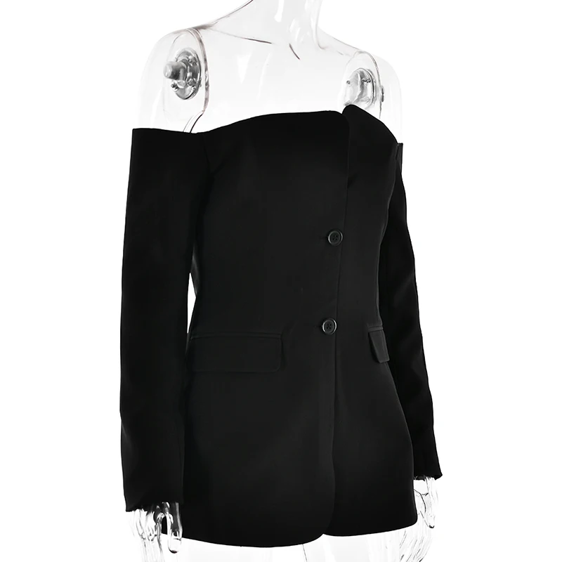 Off-shoulder Strapless Sexy Blazer Dress For Women Fashion Solid Zipper Two Pocket Long Sleeve Backless Mini Dress