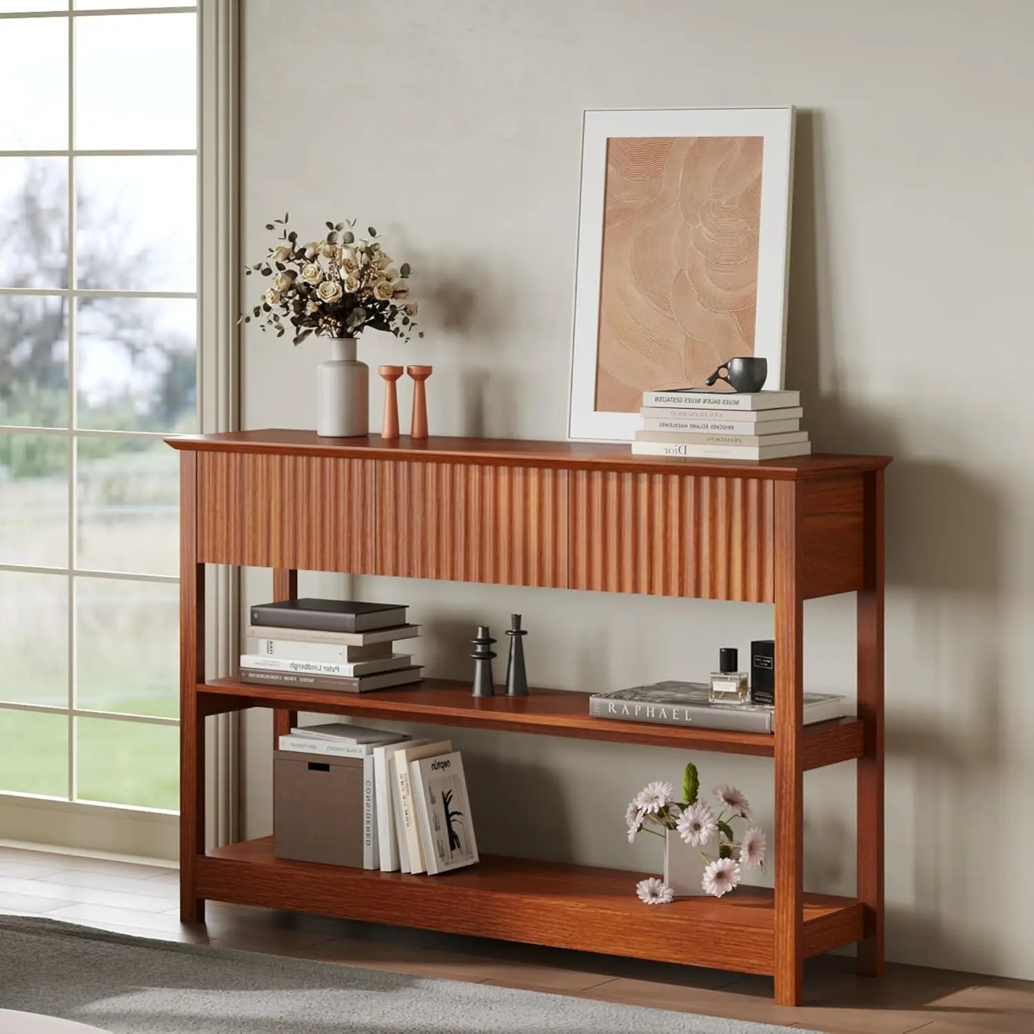 47" Console Tables for Entryway, Fluted Entryway Table with Drawers and Shelves, Narrow Sofa Table Behind Couch Table