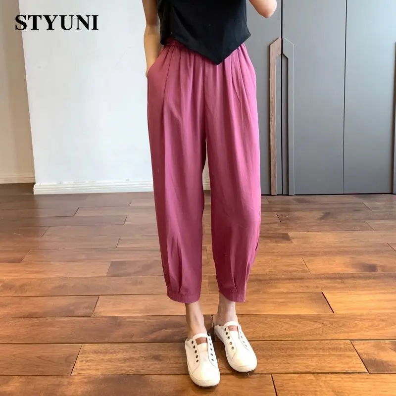 

Pink Thin Solid Casual Elastic High Waist Wide-Leg Pleated Women's Pants Korean Fashion Sweatpants Ankle-Length Pants For Women