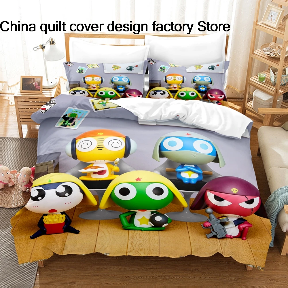 Keroro Gunso 침구 세트 3PCS Sgt Frog 애니메이션 프린트 이불 커버 모든 크기 팬 침실용으로 맞춤 제작 가능