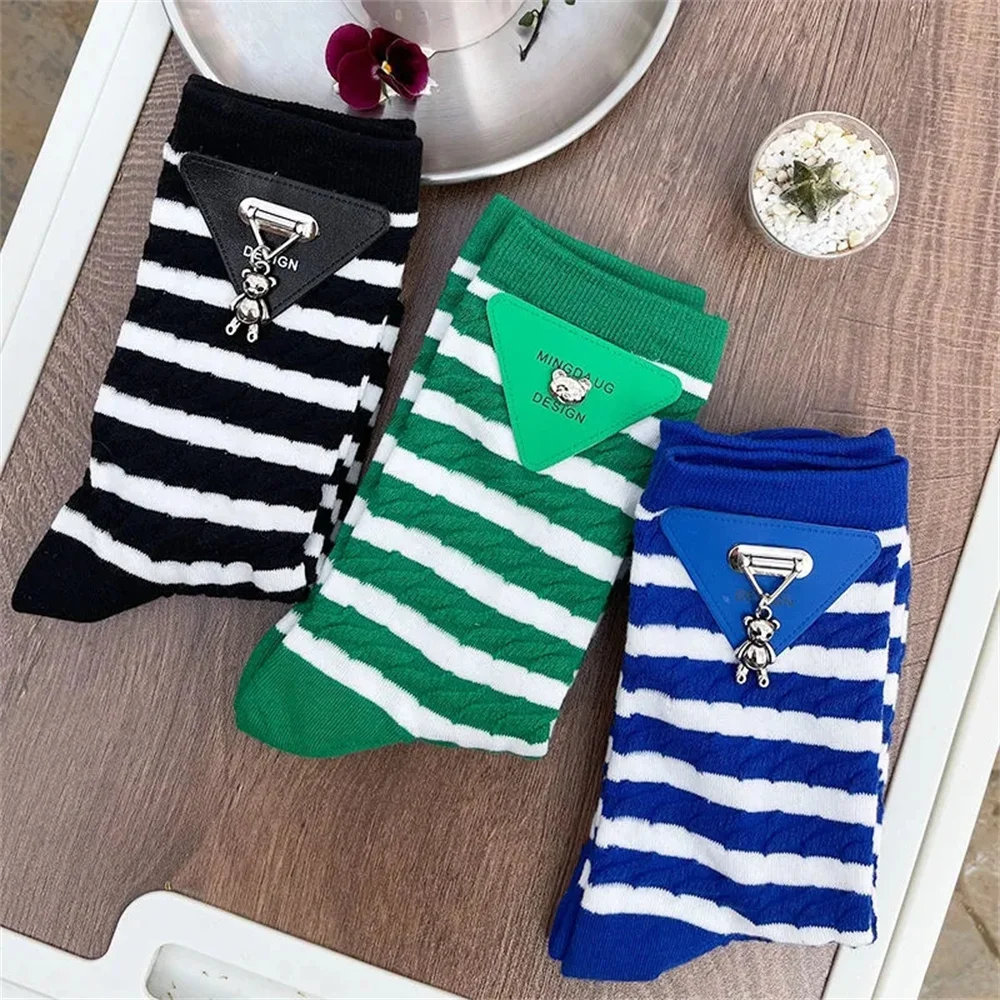 

Triangle metal bear stripe socks women's personalized hollow out thin summer middle tube socks