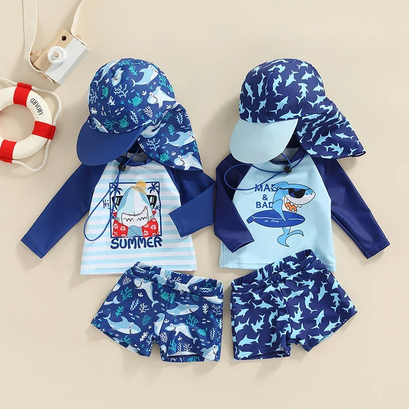 Toddler Baby Boys Swimsuit UPF 50+ Rash Guard Set Short Sleeve Blue Shark Dolphin Print Top+Shorts+Hat Swimwear Bathing Suit Kids swimsuits boys swim shorts