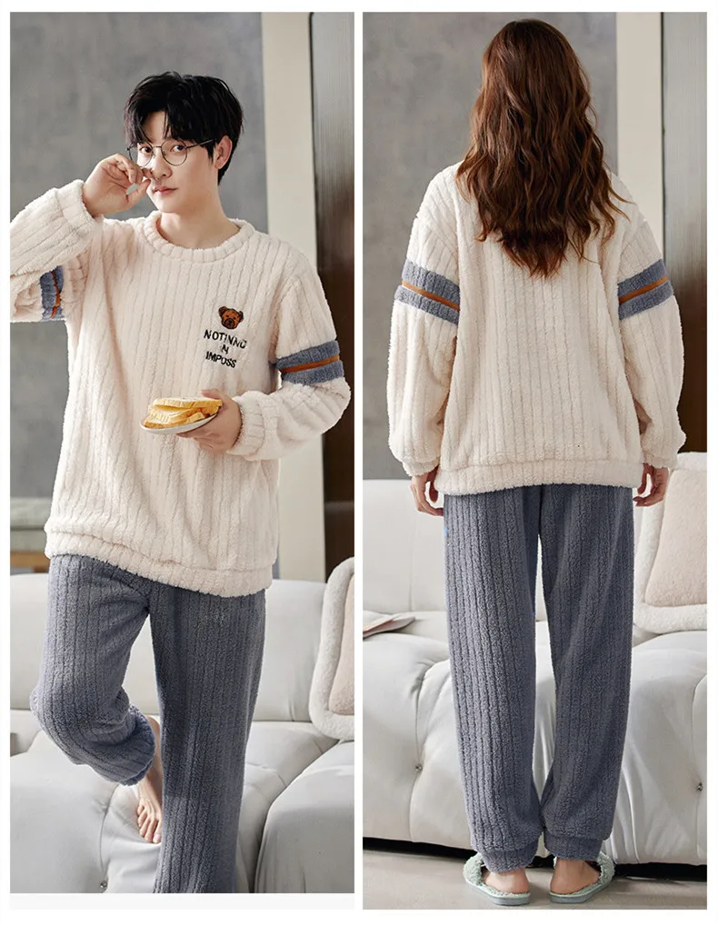 Yasuk Winter Fashion Men Women's Casual Soft Velvet Sleepwear Homewear Couple Pajamas With Pants  Bear Stripe Thick