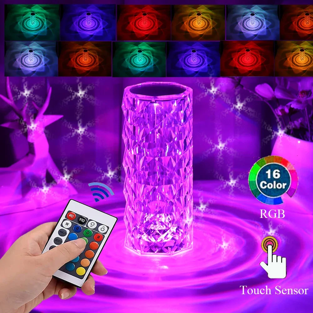 3 16 Colors LED Crystal Ambient Night Light Table Lamp USB Charging Desk Light IR Touch Control Atmosphere Projection Lighting led crystal night light 16 colors usb diamond touch discolor table lamp for home room bedside romantic atmosphere decoration