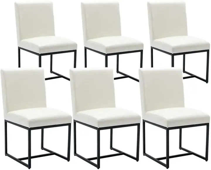 Linen Upholstered Dining Chairs Set of 6 Mid Century Modern Padded Chair with Chrome Metal Frame for Restaurant