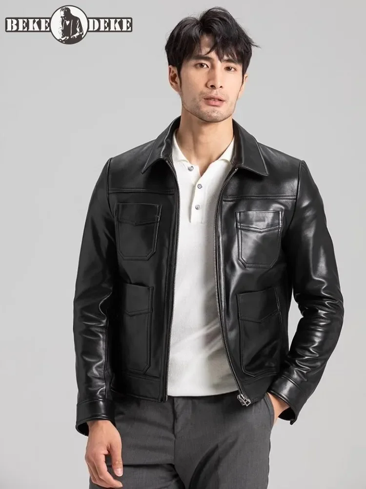 

Lapel Slim Fit Mens Genuine Leather Jacket Zipper Fashion Multiple Pockets Motorcycle Real Sheepskin Short Coat Customized 7 Day