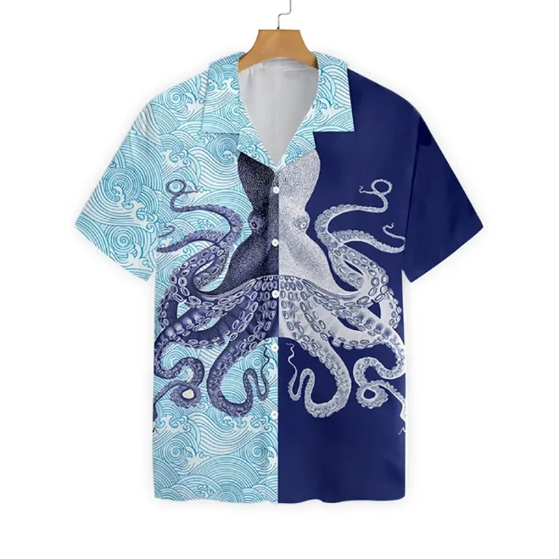 

Sea Animal Shirt For Men Casual Hawaiian Shirt Shark Octopus Print Men's Shirt Beach Travel Top Oversized Short Sleeve Blouse
