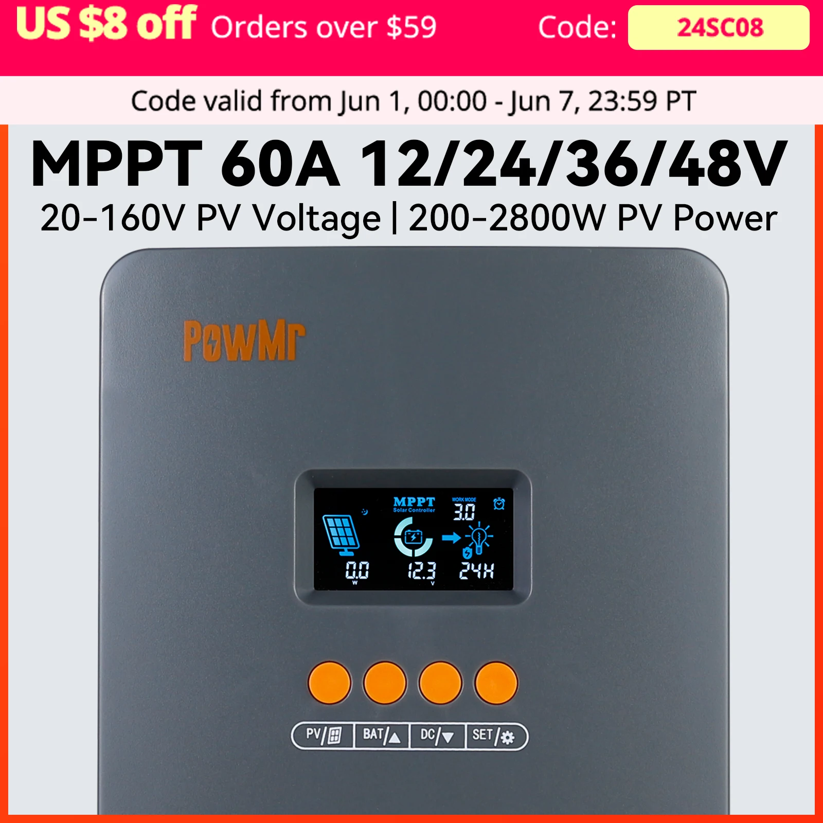 

PowMr MPPT 60A Solar Charge Controller 12V 24V 36V 48V Battery Regulator For Lithium, LiFePo4, Lead-Acid, Gel Battery