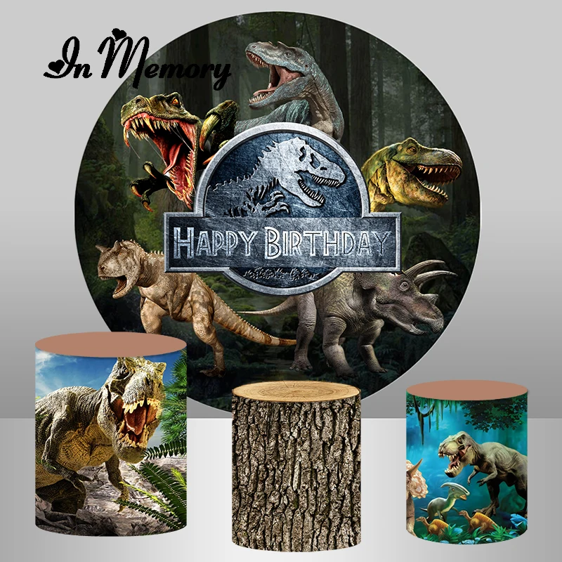 

Jurassic Park Dinosaur Round Backdrop Retro Wooden Cylinder Covers Boys Birthday Party Circle Background Elastic