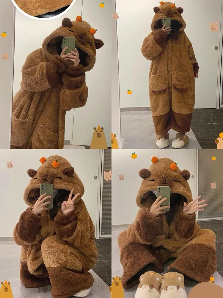 Soft Cute Animals Shape Blanket Pajamas Unisex For Adult Coral Velvet Warm Cosplay Loose Pajamas Pants Home Wear