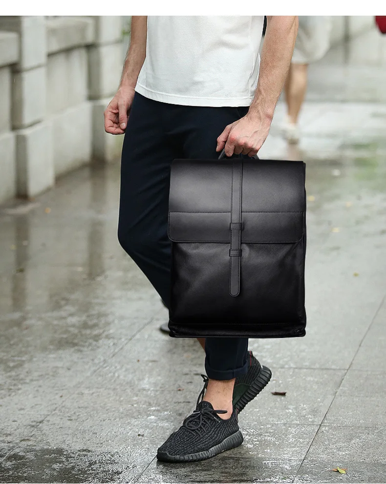 حقيبة ظهر عصرية من جلد البقر الطبيعي متعددة الاستخدامات للرجال، حقيبة أعمال أنيقة بحمالتين للكتف باللون الأسود