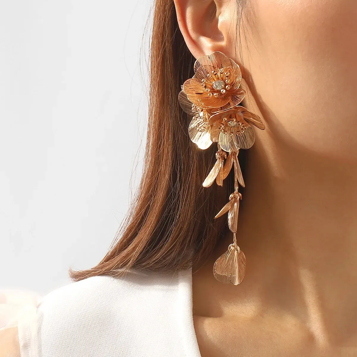 Orecchini Pendenti A Fiore Oro, Grandi, Stile Boho | Petali 3D E Foglie, Ipoallergenici, Per Donna, Regalo Estate/primavera