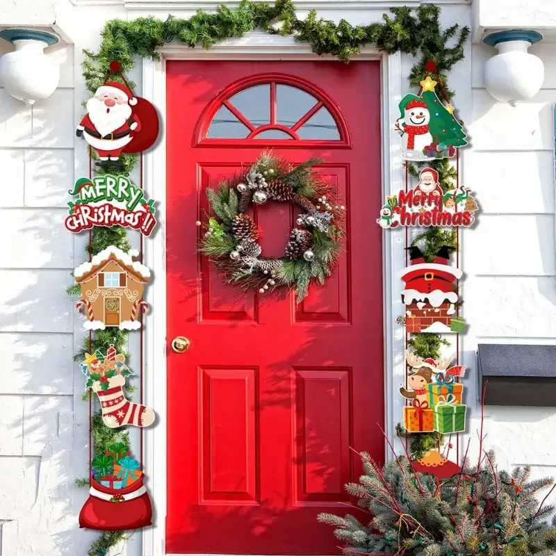 Merry Christmas Hanging Door Banner With Santa Snowman Home Decor For Wall Fireplace Window Xmas New Year Party