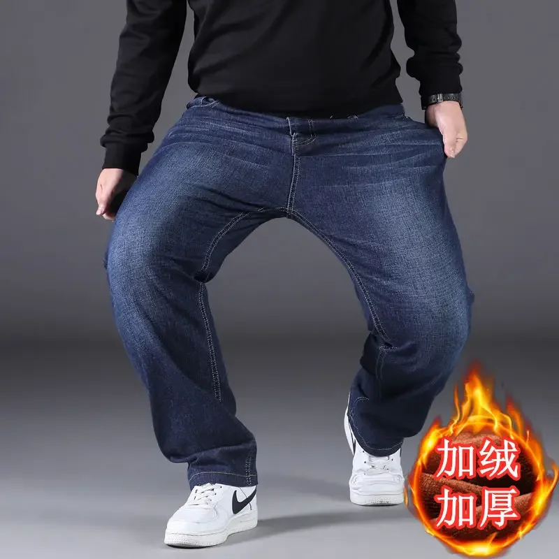 Big Size Baggy Jeans Men Autumn Winter Wool Denim Jeans Straight Pants Warm High Waist Elastic Trouser Blue Pants Men Clothing 2