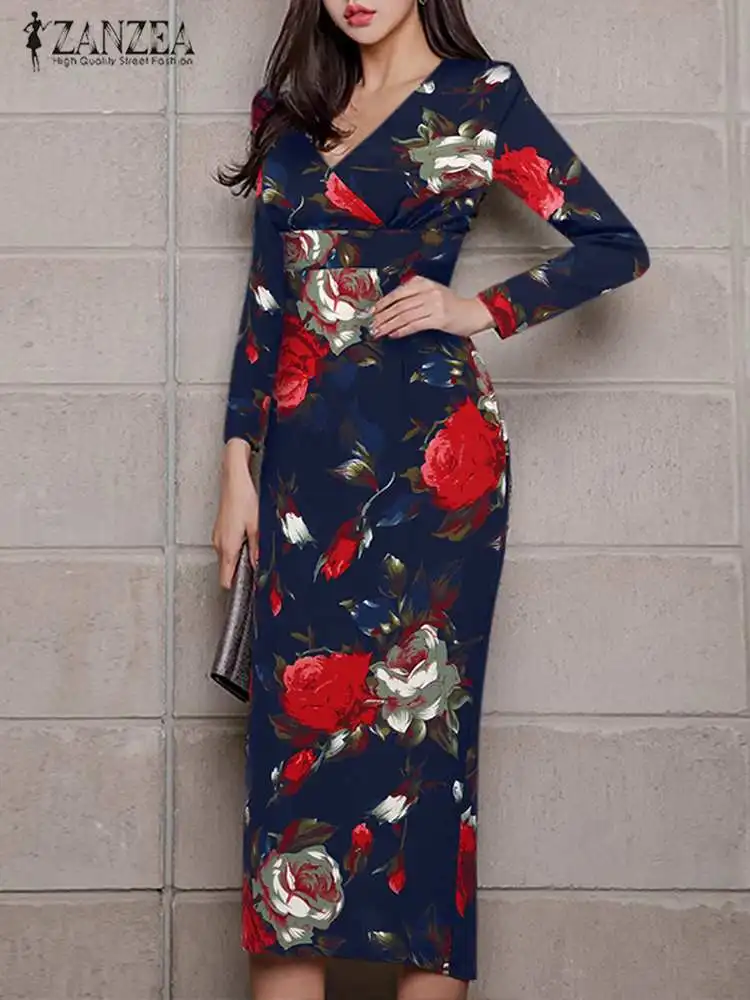 

Elegant Women Dresses 2023 Summer ZANZEA Long Sleeve Dress Casual V-Neck Mid-Calf Robe Fashion Floral Print Evening Vestidos