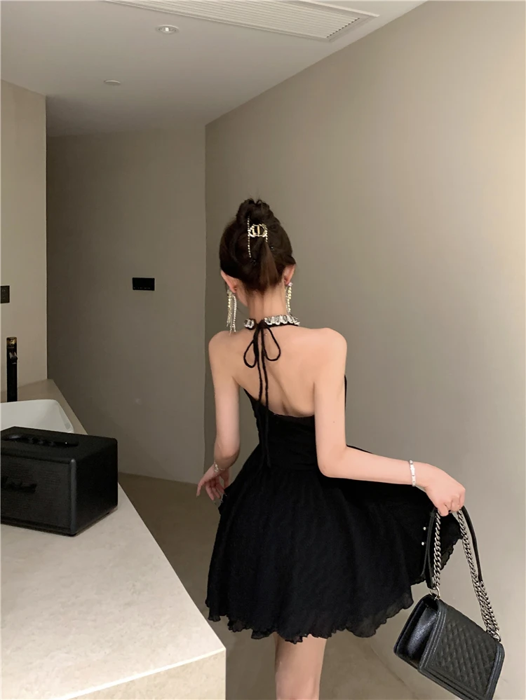 Elegant Halter Black Dresses for Women Summer New Backless Ruffles A-line Korean Birthday Party Dress Prom Short Vestidos Mujer