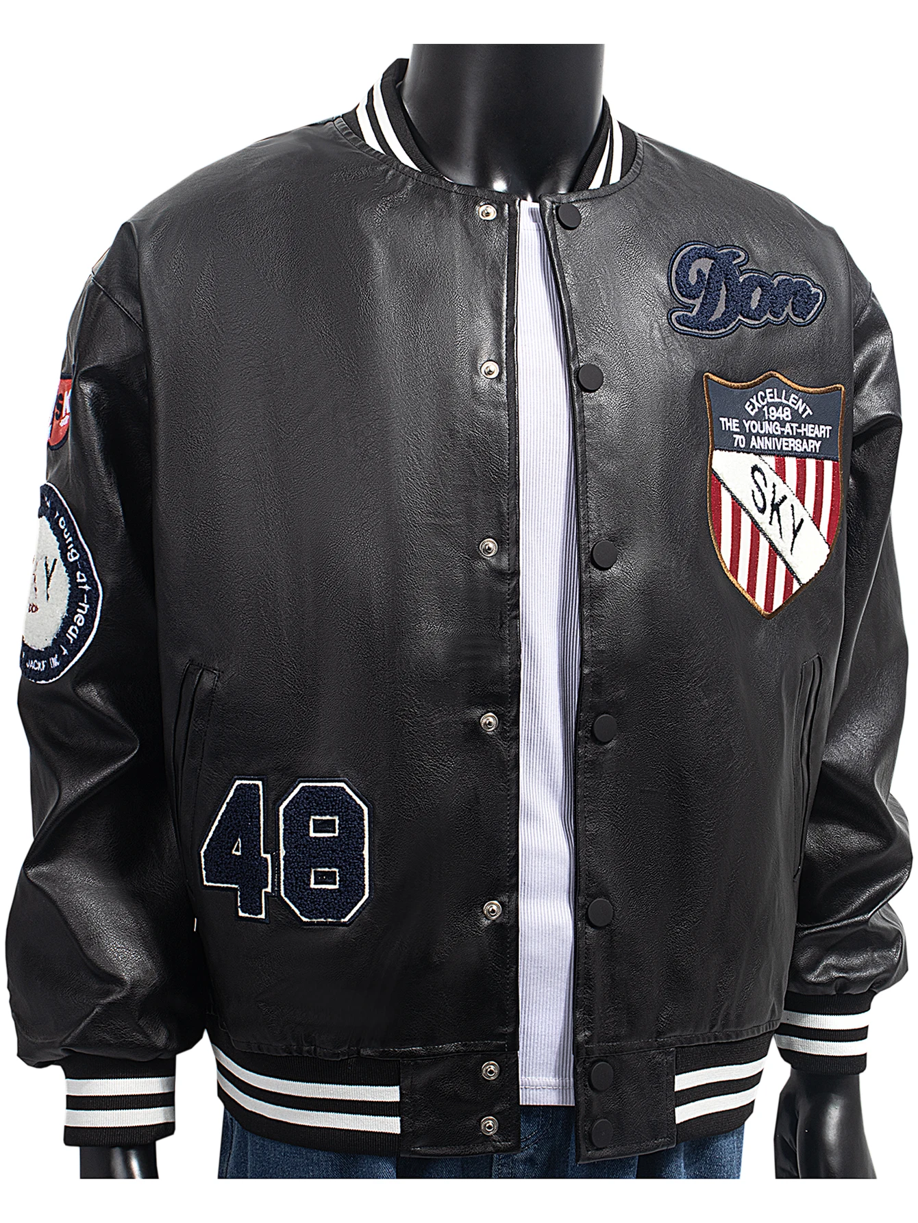 メンズフェイクレザージャケット 刺繍入りベースボールジャンパー