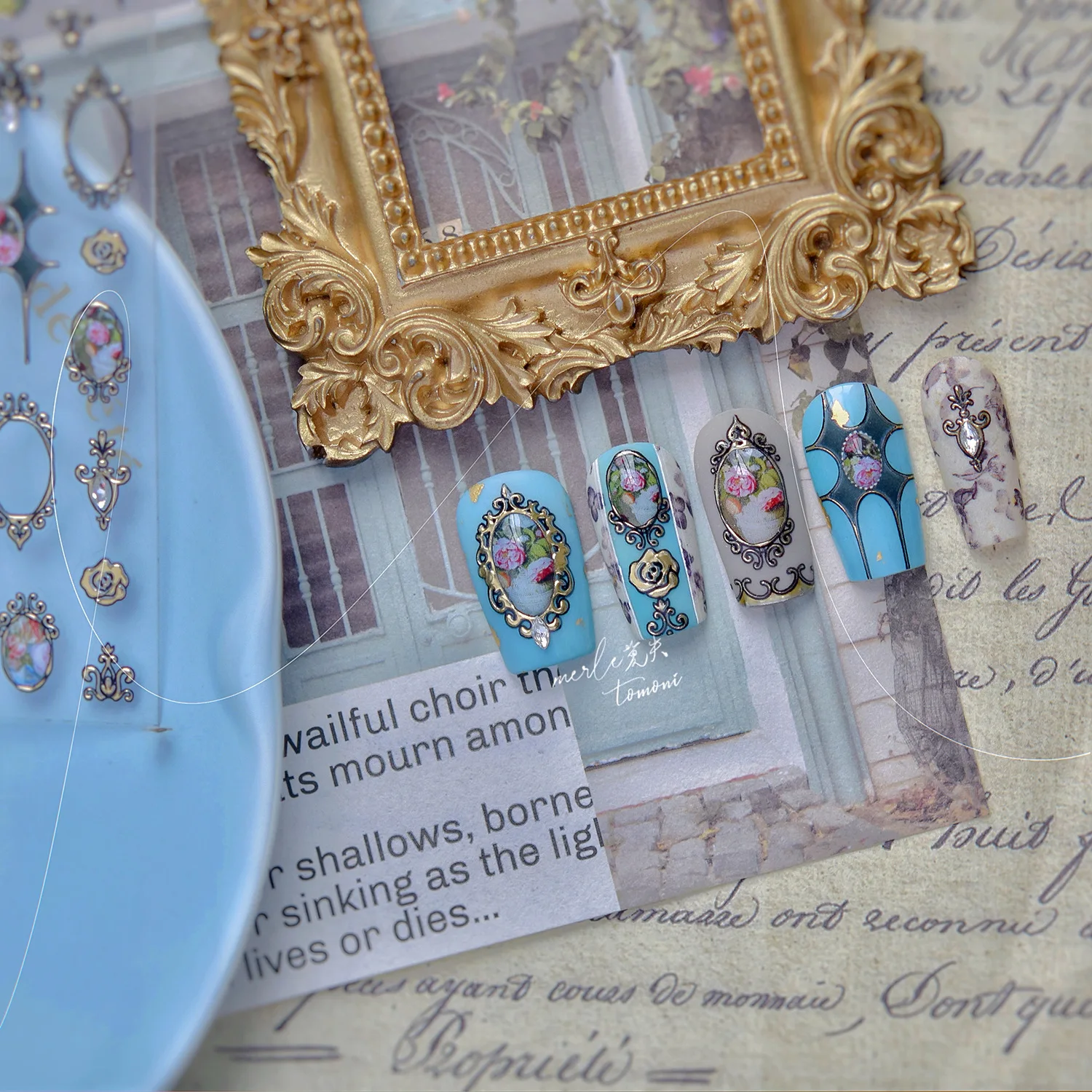 럭셔리 5D 꽃 네일 아트 스티커 골드 실버 중국 스타일 금속 프레임 반짝 이는 크리스탈 라인스톤 자체 접착 매니큐어 데칼