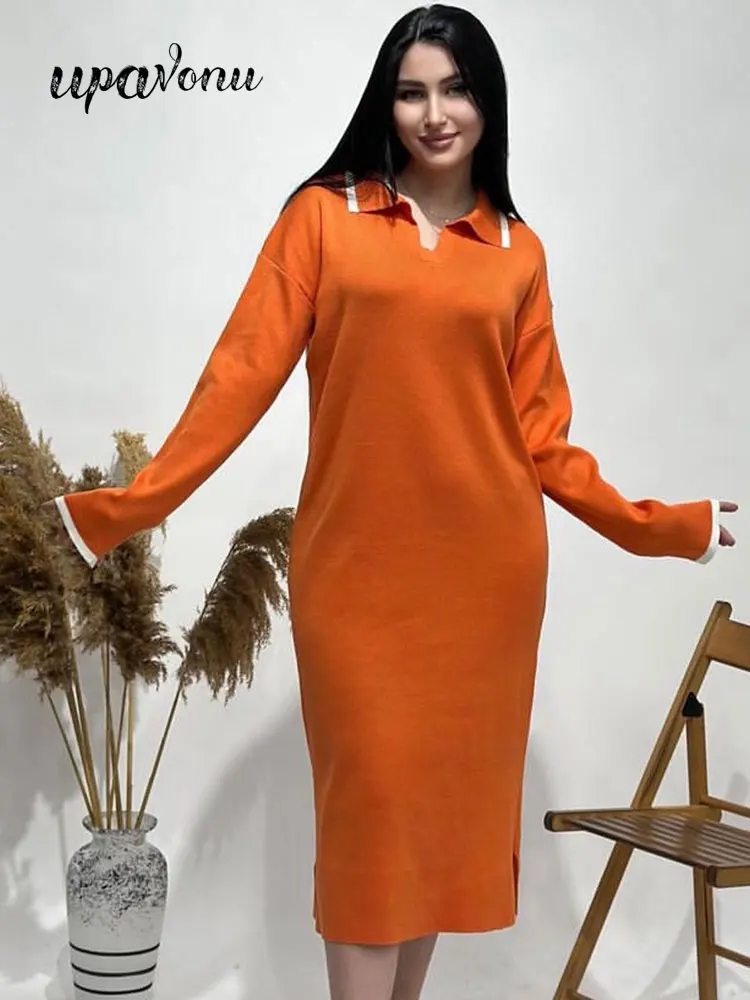 

Autumn 2023 Casual Pullover Knitted Dresses Women's Polo Neck Long Sleeve Color Matching Loose Midi Dress Evening Party Vestidos