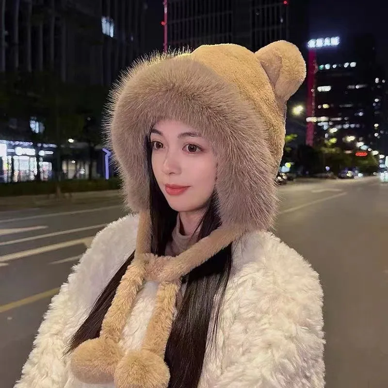 

Winter Warm Knitted Hats Women Plush Fluffy Thicken Warm Fur Beanie Hat Female Cute Cartoon Bear's Ears Two Balls Earflap Cap