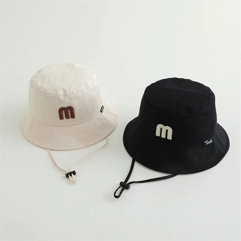 M Letter Children Basin Hat Fashion Kids Drawstring Fisherman Cap Solid Cotton Bucket Hats 1-4year Boy Girl Baby Sunshade Visors 3