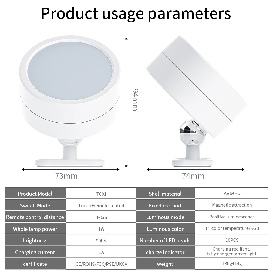 충전식 LED 스포트라이트, 리모컨 무선 벽등, 침실 인테리어용 RGB 360 ° 회전식 자기 조광 가능