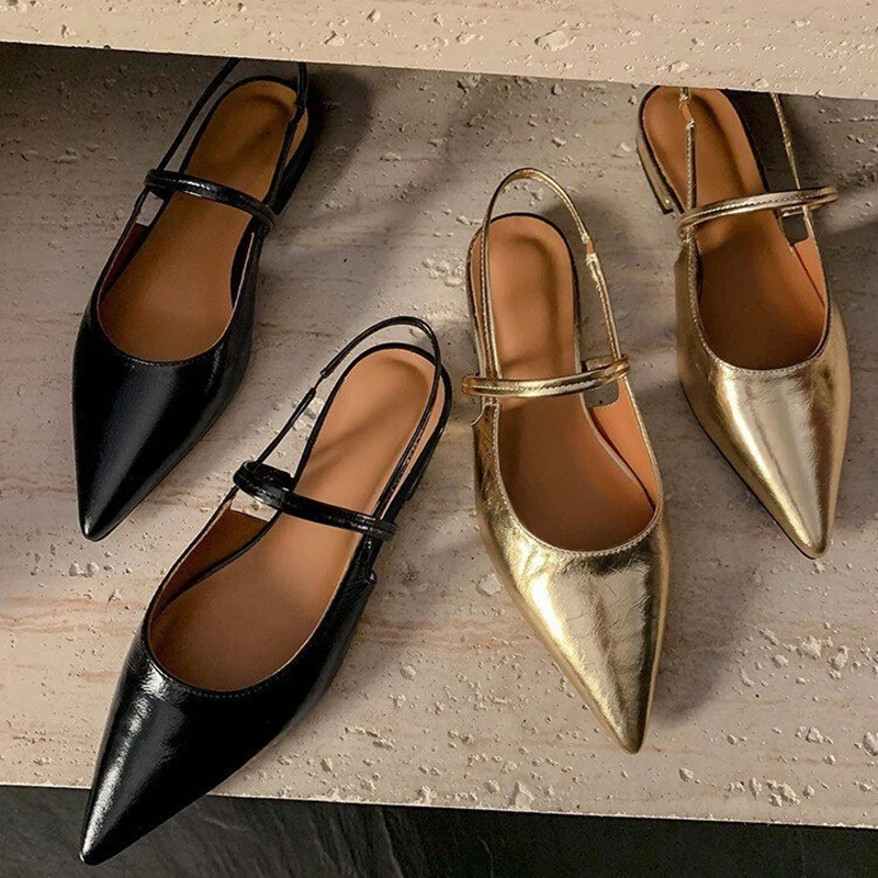 pointed toe gold leather flat sandals women slingback summer shoes narrow band gladiator sandalias sexy ladies party shoes