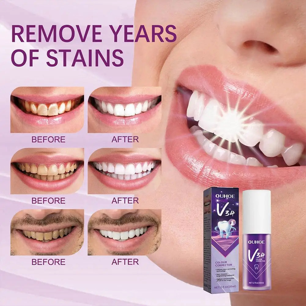 V34 Color Corrector Tooth Paste 30ml Teeth Mouse Remove Tartar 30ml Smoke Plaque Breath Yellow Teeth Stains Hygiene Freshen J3w6 dental calculus remover