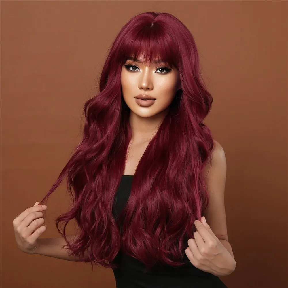 Pelucas de color rojo vino para mujeres, pelucas largas onduladas color burdeos con flequillo, peluca de uso diario para fiestas de cosplay, peluca de pelo sintético de alta temperatura_voghion.com