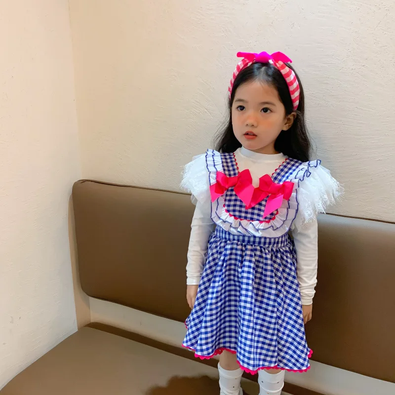 

Korean Children's Clothing Spring and Autumn New Girls' Suit Bow Check Overall Dress Bottoming Shirt Children's Two-Piece Suit Z