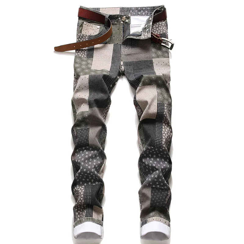 

Grid Splicing Mens Vintage Print Jeans Biker Stretch Straight Fit Pants Tapered Skinny Jeans For Men Fashion Mens Designer Jeans