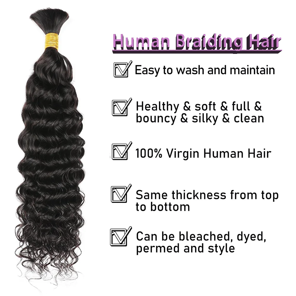 Human Hair Extensions Bulk Braiding Hair Deep Wave 100% Human Hair Unprocessed Boho Braids No Weft Natural Black 50G/Pack