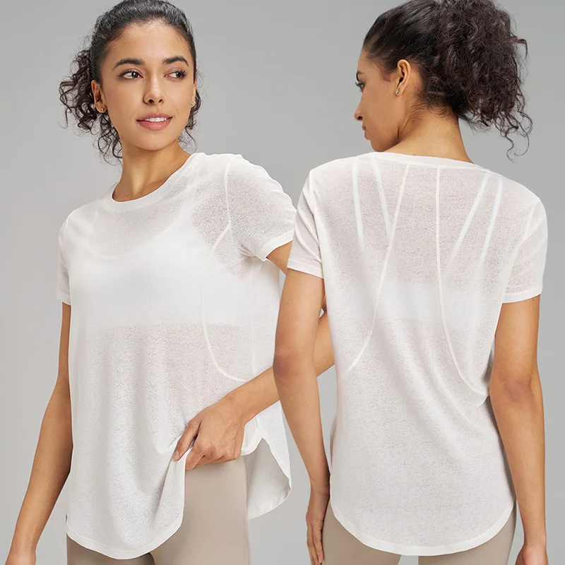 Summer hollow back loose yoga short sleeve fitness leisure sports short sleeve mesh breathable yoga clothing women