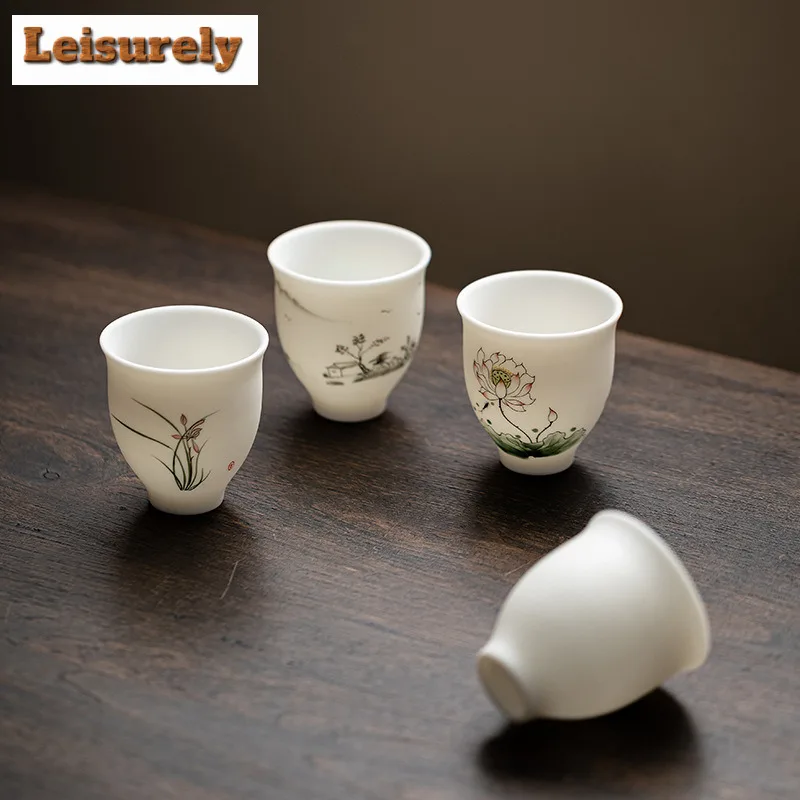 125ml Biscuit Firing Ice Jadeite Porcelain Hand Drawn Teacup Tea Bowl Tea Pair Tea-tasting Smelling Cup Chazhan Master Cups Tea