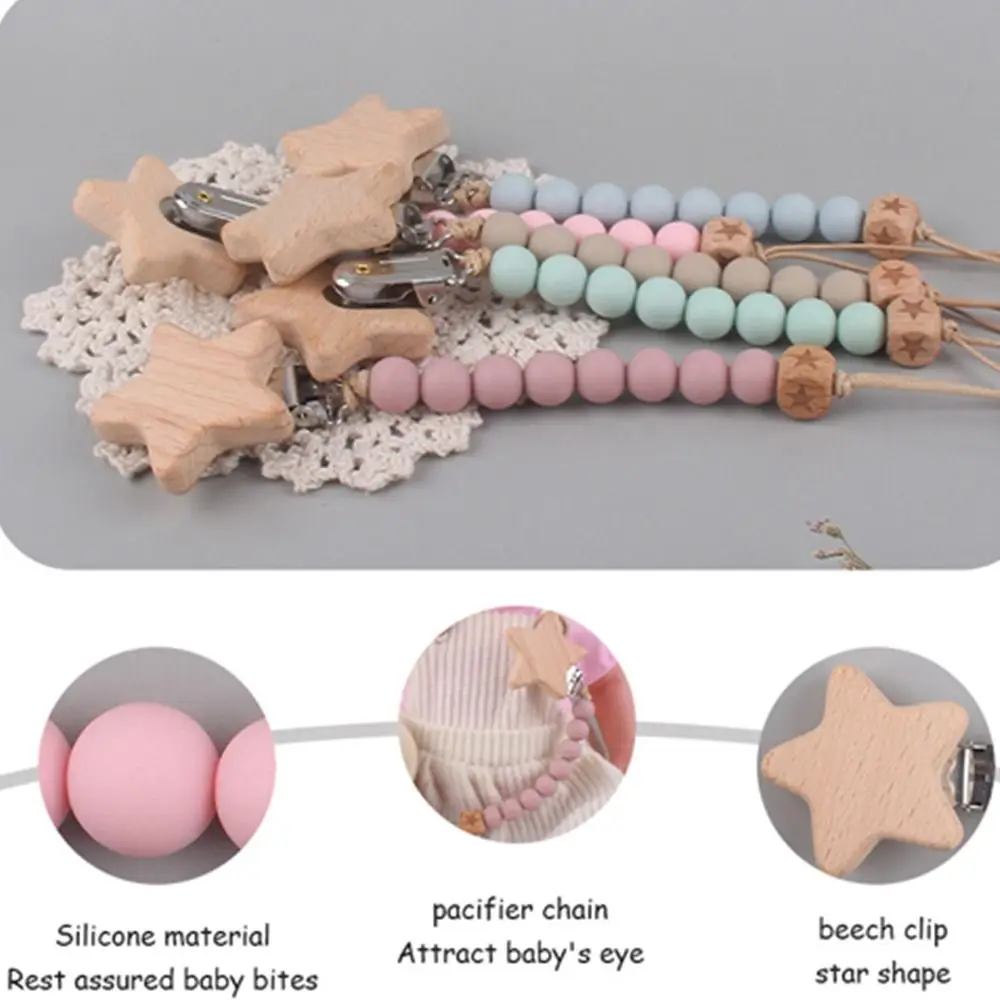 Multi-color Beads Anti-drop Silicone Wooden Food Grade Lanyard Molar Chain Baby Pacifier Chain Pacifier Clips Chains