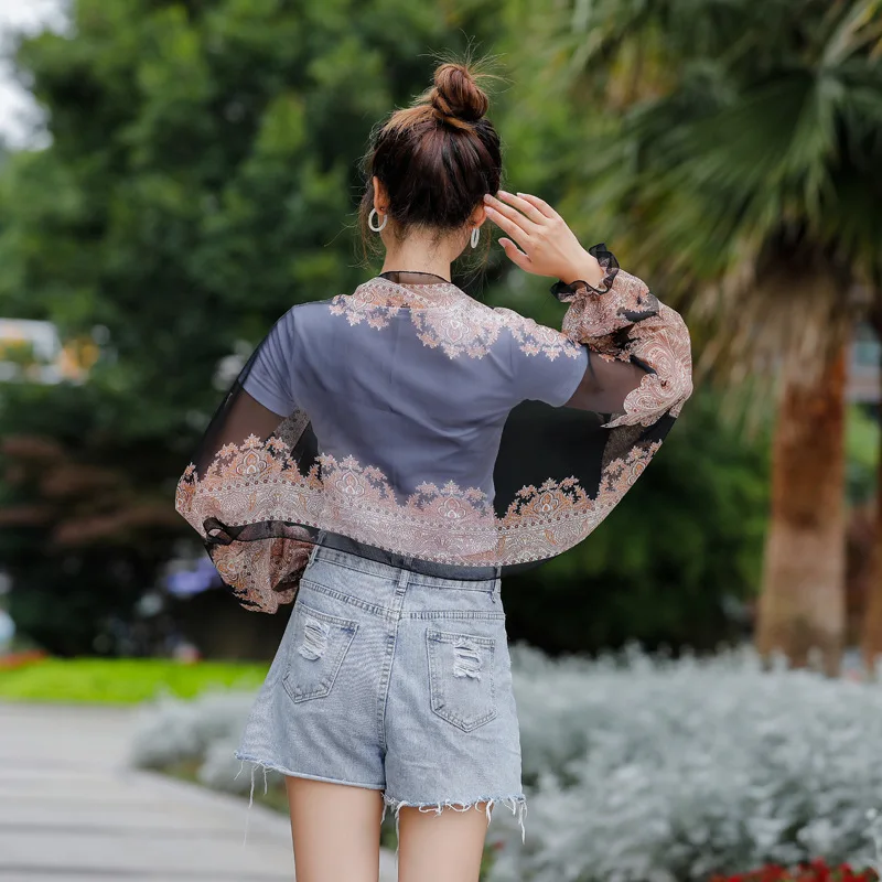 Women Summer Sun Protection Beach Shawl Print Flower Chiffon Sunscreen Riding Arm Shade Scarf Outdoor Cycling Driving Sleeve